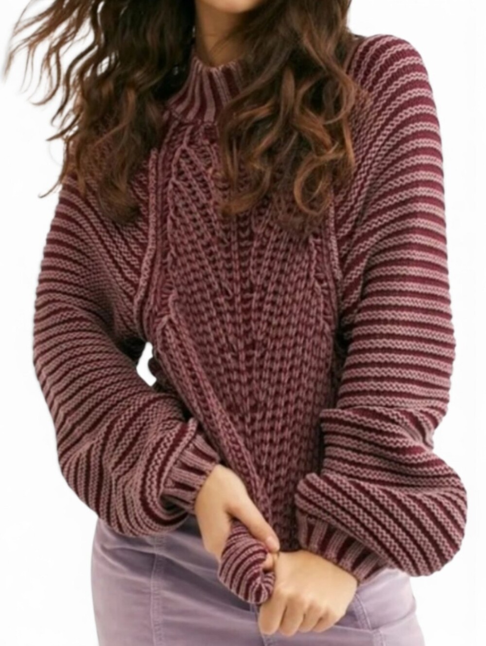 Free People Sweetheart Cable Knit Turtleneck Sweater In Rouge Combo Size Large - Picture 2 of 10